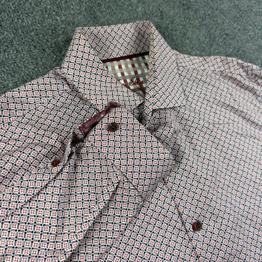 Tasso Elba Button Down Shirt L 16-16.5 Red Blue Geometric Print Mens